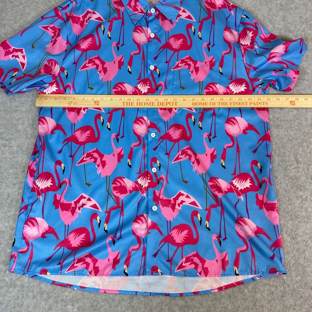 Mens Pink Flamingo Print Short Sleeve Button Up Shirt Blue XXL Tropical Summer - Picture 3 of 13